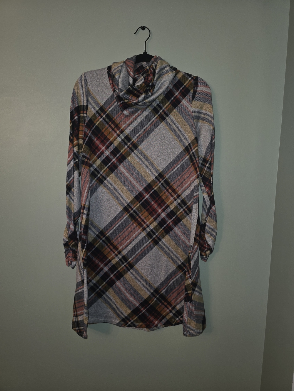R&K Plaid Cowl Neck Long Sleeve Tunic Dress in Pink, Gray, Black